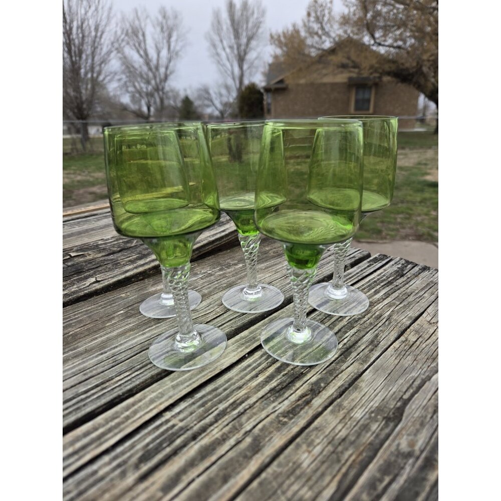 5 Mid Century Hand Blown green & Clear glass twisted stems Wine Cordial‎ Glasses